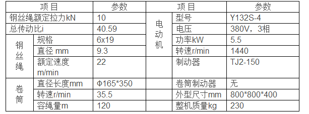 JK1.0T型卷揚(yáng)機(jī)參數(shù)表